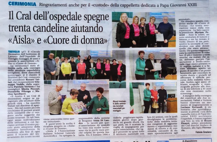 Il Cral dell'ospedale spegne trenta candelina aiutando Aisla e Cuore di Donna | Rassegna Stampa | Associazione Cuore di Donna