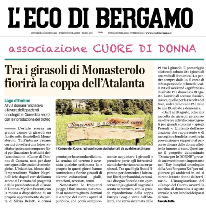 Tra i girasoli di Monasterolo fiorirà la coppa dell'Atalanta | Rassegna Stampa | Associazione Cuore di Donna