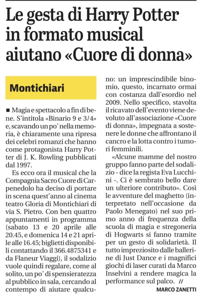 Le gesta di Harry Potter in formato musical aiutano Cuore di Donna | Rassegna Stampa | Associazione Cuore di Donna