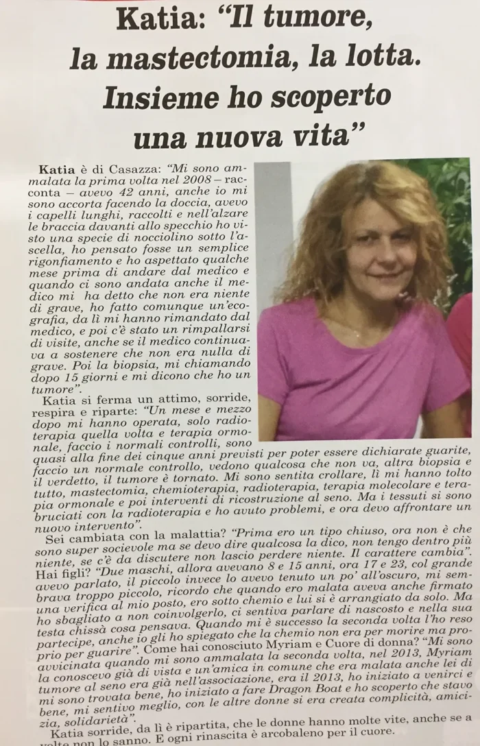 Katia - Il tumore, la mastectomia, la lotta. Insieme ho scoperto una nuova vita | Rassegna Stampa | Associazione Cuore di Donna