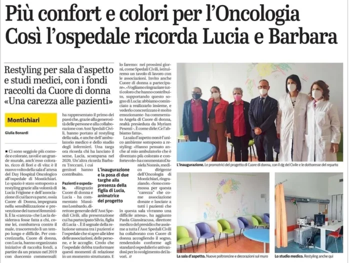 Più confort e colori per l'Oncologia - Così l'ospedale ricorda Lucia e Barbara | Rassegna Stampa | Associazione Cuore di Donna