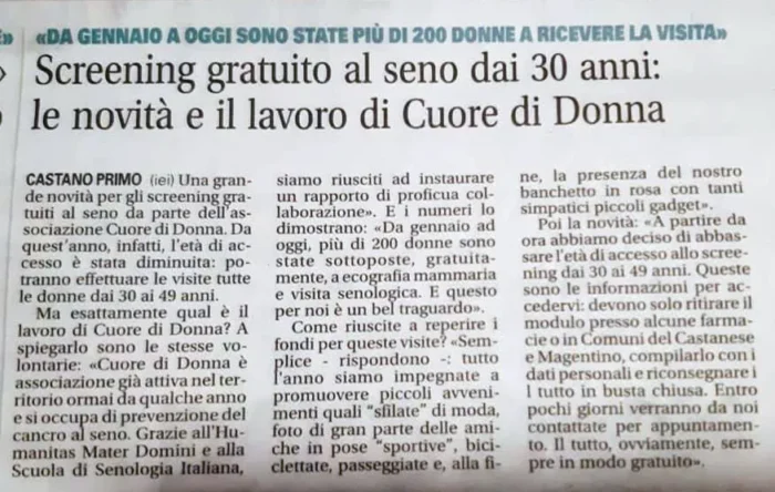Screening gratuito al seno dai 30 anni: le novità e il lavoro di Cuore di Donna | Rassegna Stampa | Associazione Cuore di Donna