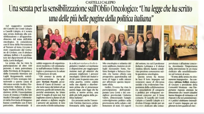 Una serata per la sensibilizzazione sull'Oblio Oncologico | Rassegna Stampa | Associazione Cuore di Donna