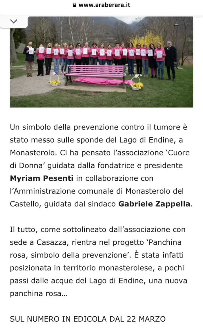 Un simbolo della prevenzione contro il tumore sulle sponde del lago Endine | Rassegna Stampa | Associazione Cuore di Donna