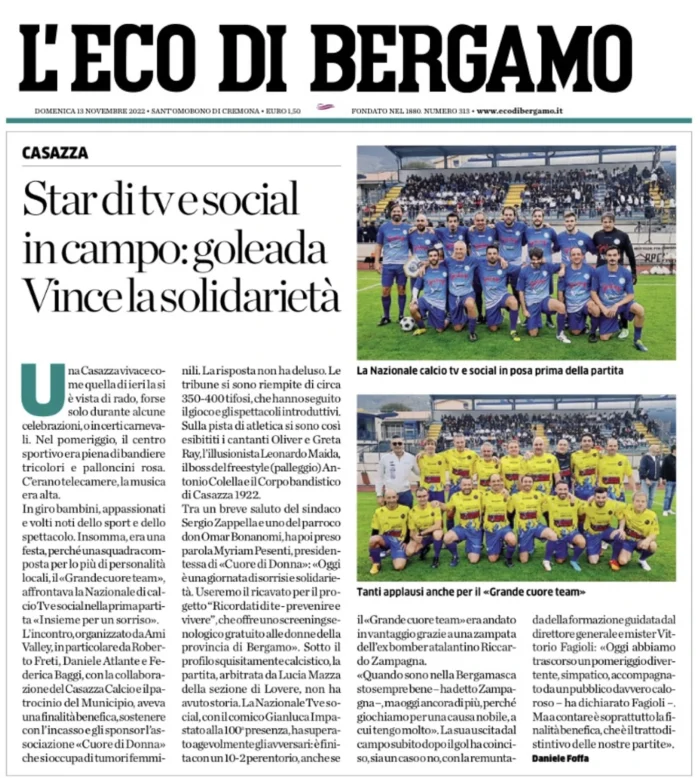 Star di TV e Social in campo: goleada - Vince la solidarietà | Rassegna Stampa | Associazione Cuore di Donna
