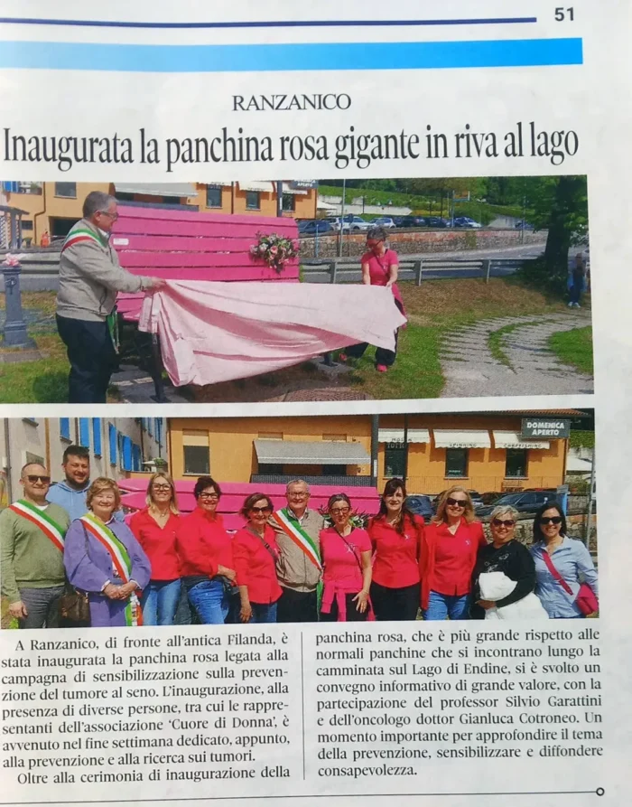 Inaugurata la panchina rosa gigante in riva al lago | Rassegna Stampa Cuore di Donna